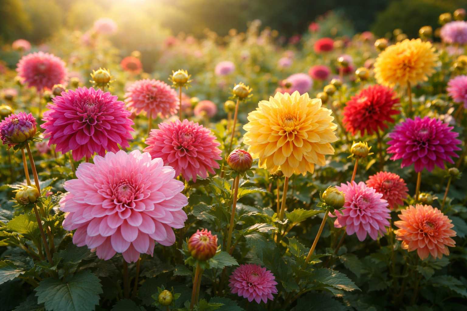 Bunte Dahlienblüten in Pink, Gelb und Rot in einem sonnigen Gartenbeet