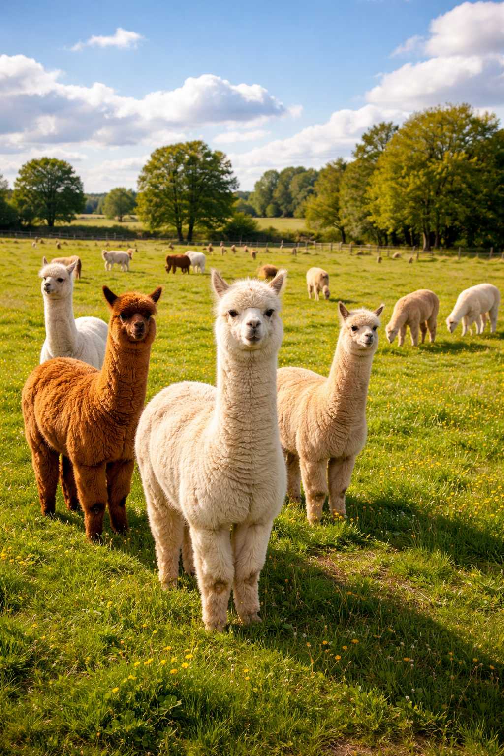 Mehrere Alpakas stehen auf einer grünen Weide bei sonnigem Wetter mit Bäumen im Hintergrund.