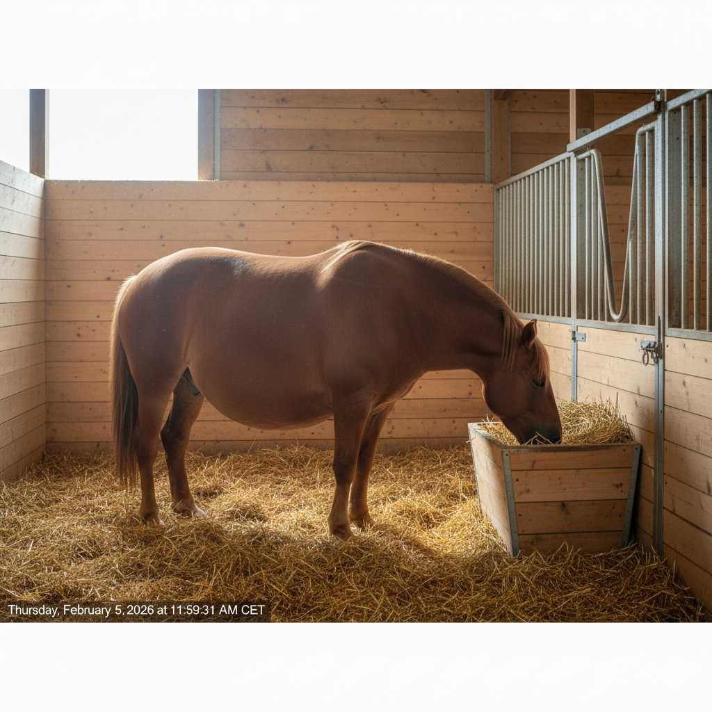 Kräftiges braunes Pferd steht in einer Holzbox im Stall und frisst Heu aus einer Futterraufe; der Boden ist mit Stroh eingestreut.