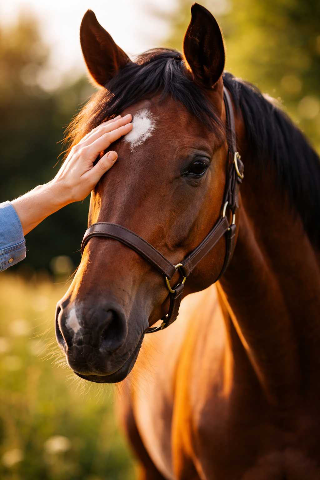 Braunes Pferd mit weißer Stirnzeichnung wird von einer Hand sanft am Kopf gestreichelt, im warmen Abendlicht auf einer Wiese.