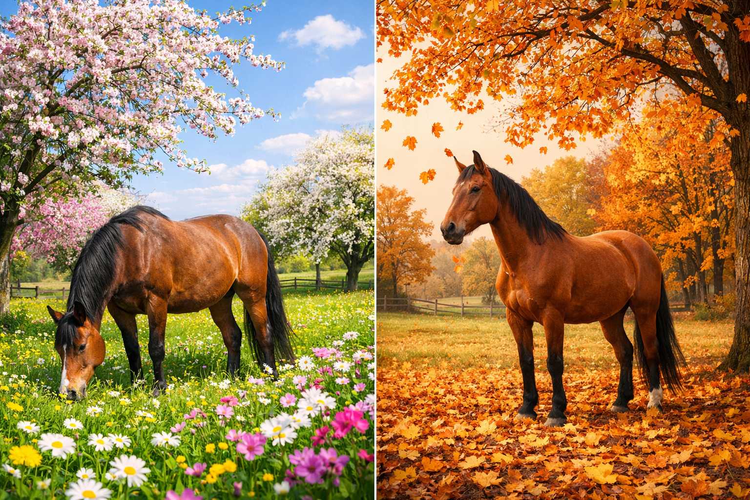 Braunes Pferd auf einer blühenden Frühlingswiese und in einer herbstlichen Landschaft mit fallenden Blättern im Vergleich