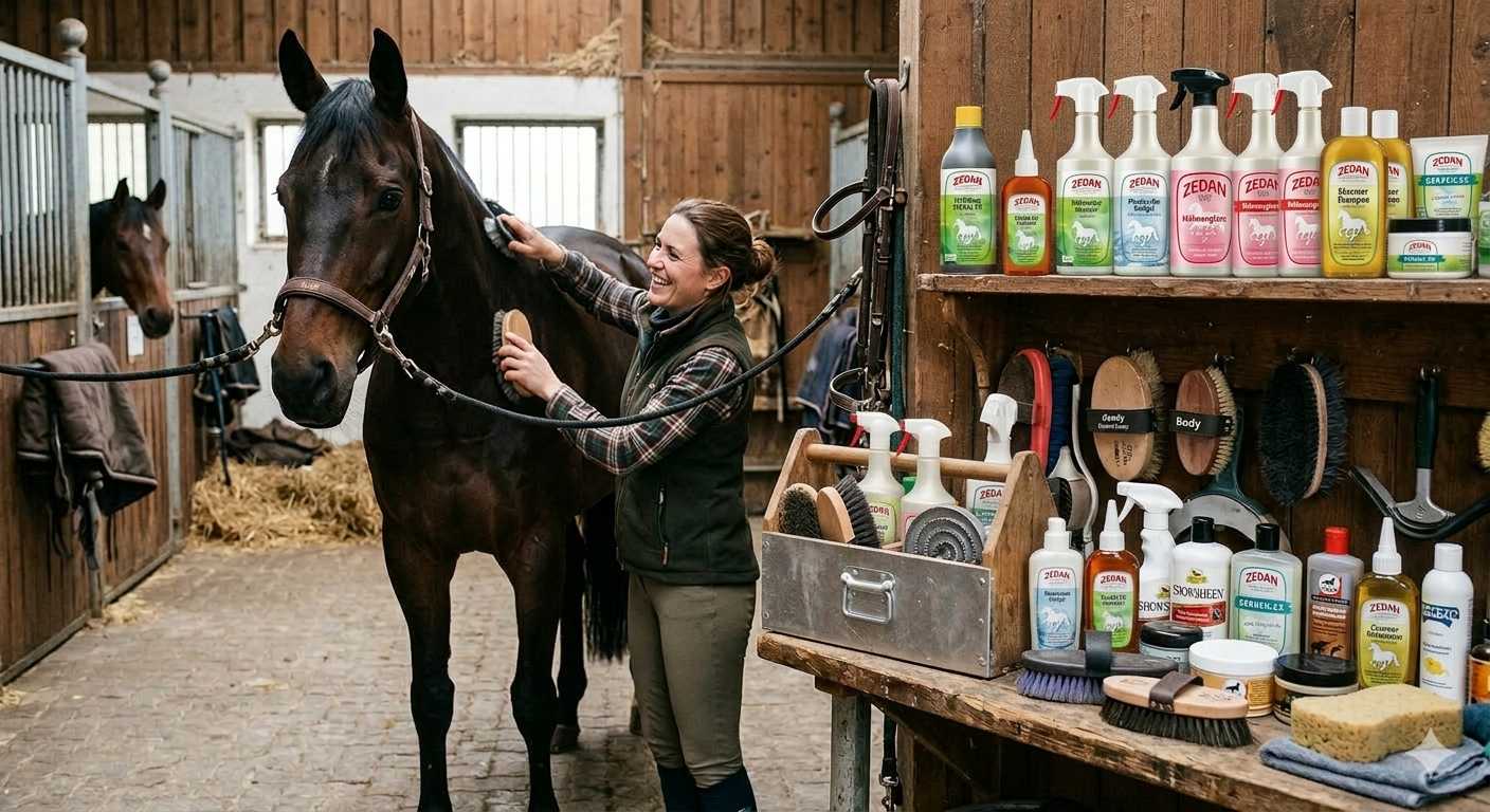 Frau pflegt ein Pferd im Stall mit Bürste, daneben verschiedene Zedan Pflegeprodukte und Zubehör.