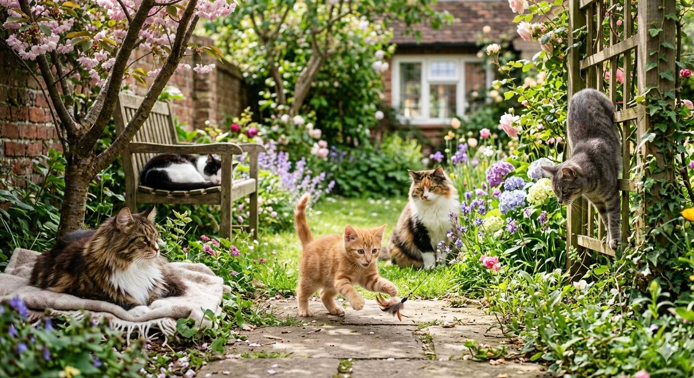 Katzen und ein Kätzchen spielen und entspannen in einem blühenden Garten
