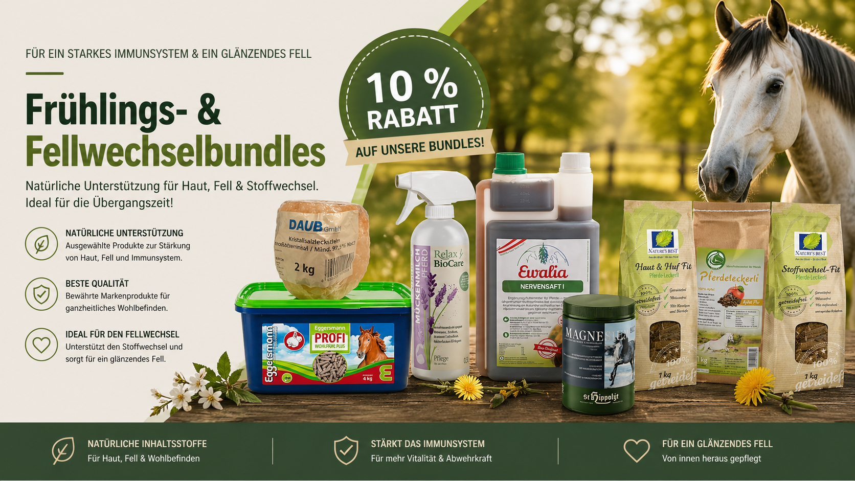 Frühlings- und Fellwechsel Bundles für Pferde – Ergänzungsfutter für Fell, Haut und Immunsystem mit Rabatt