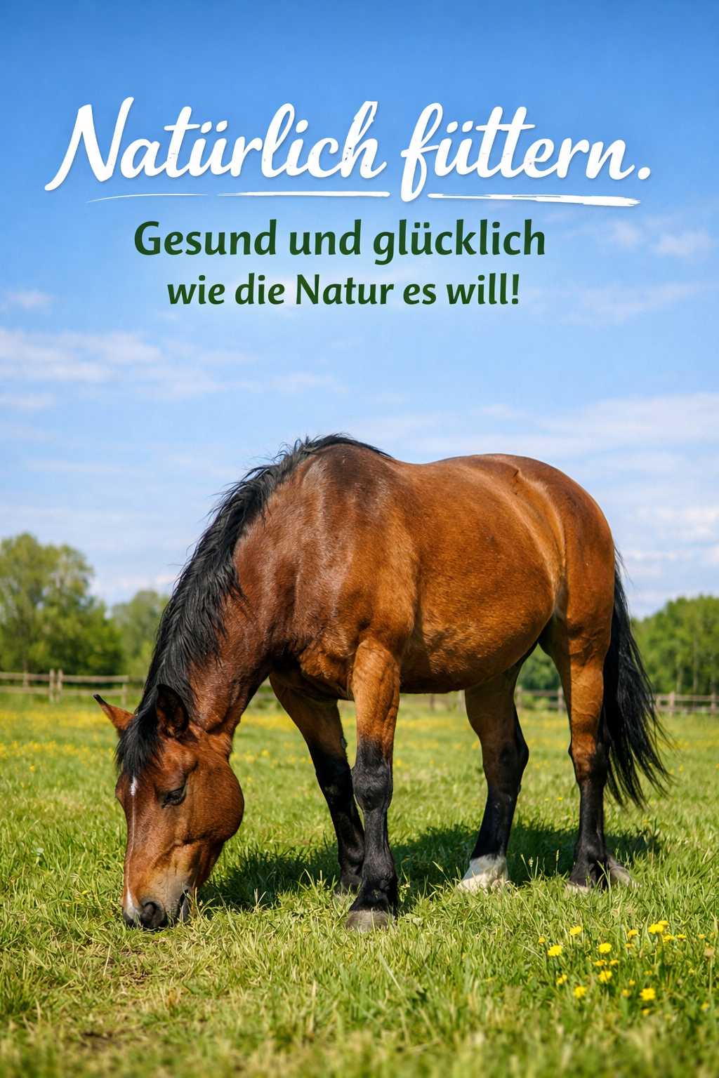 Braunes Pferd grast auf einer grünen Weide unter blauem Himmel – Symbol für natürliche und artgerechte Pferdefütterung