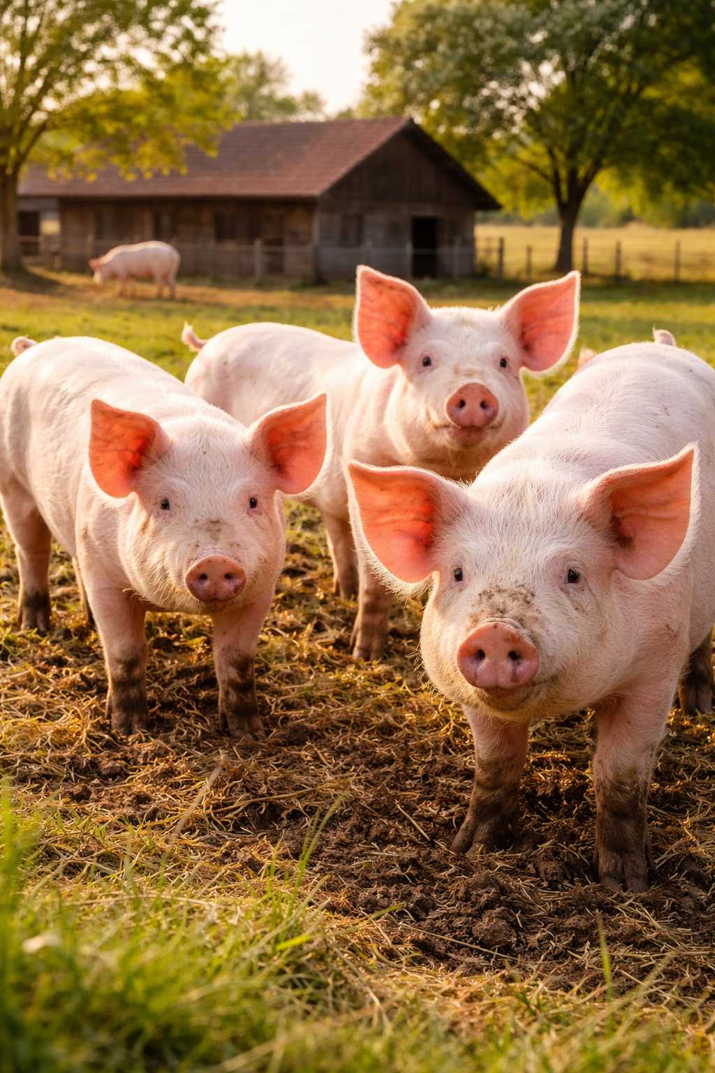 Drei junge Ferkel stehen auf einer Wiese vor einem Bauernhof und schauen in die Kamera