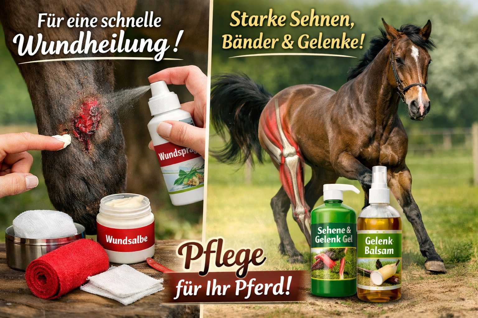 Pflege einer Pferdewunde mit Wundspray und Salbe sowie Produkte zur Unterstützung von Sehnen und Gelenken