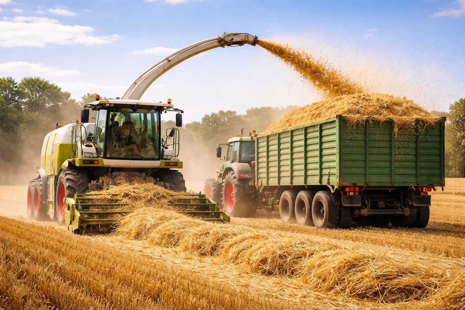 Ein Traktor mit Erntemaschine sammelt Stroh auf einem Feld und lädt es in einen Anhänger, während Staub aufwirbelt.