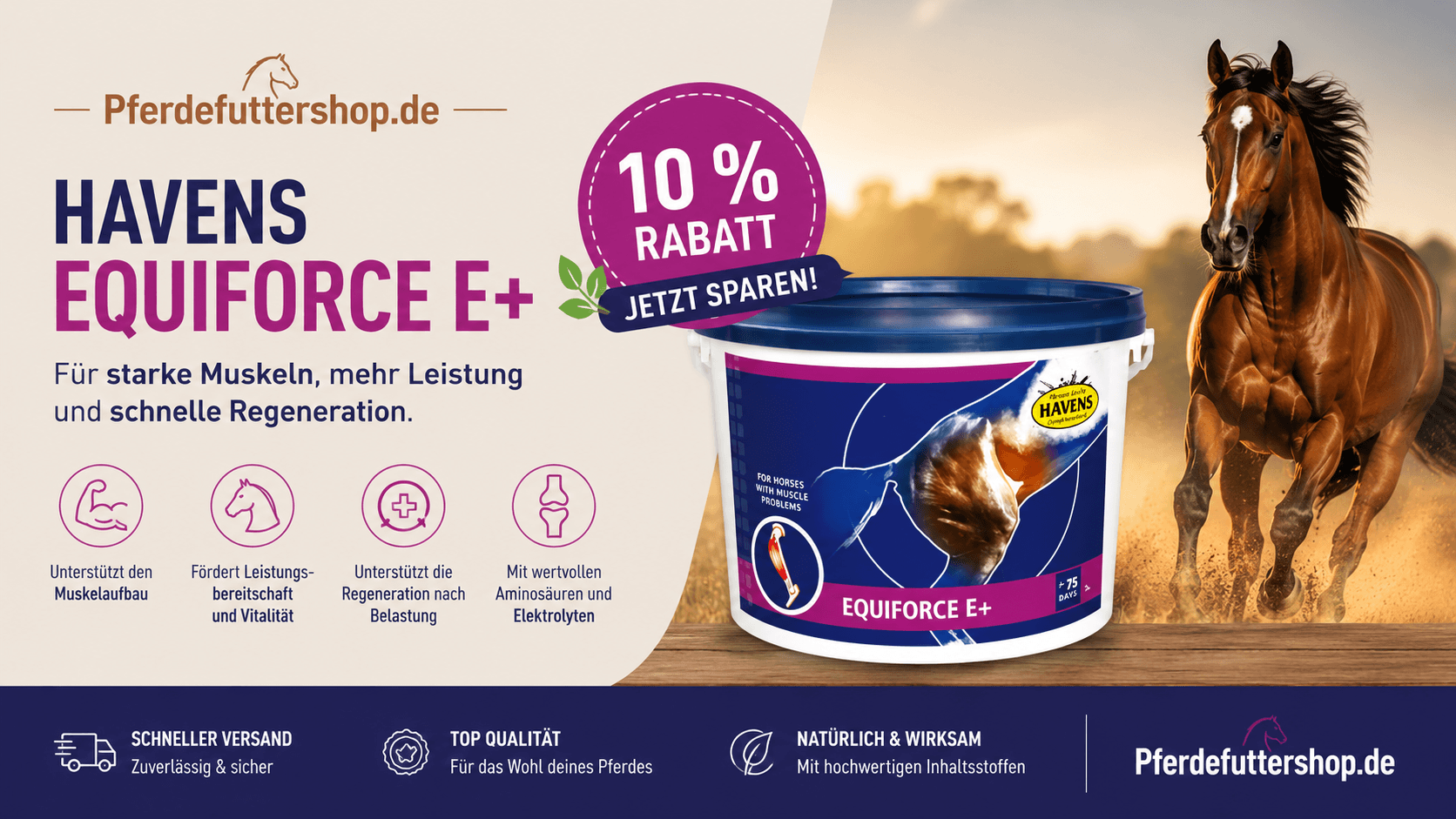 Havens Equiforce E+ für Pferde – Ergänzungsfutter zur Unterstützung von Muskulatur, Leistungsfähigkeit und Regeneration mit 10 Prozent Rabatt