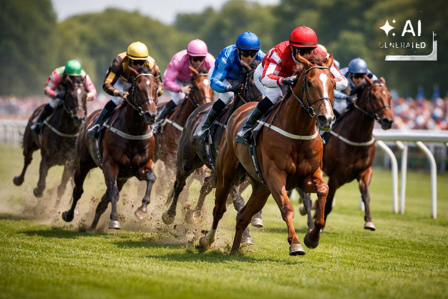 Mehrere Jockeys mit bunten Rennhelmen und Trikots reiten auf Galopprennpferden über eine grüne Rennbahn. Die Pferde galoppieren dicht nebeneinander.