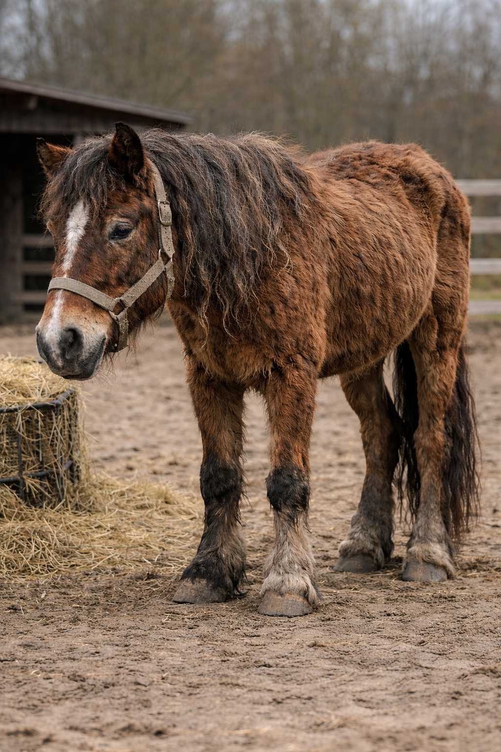 Braunes Pony mit dichtem Winterfell und Halfter steht auf einem sandigen Paddock neben einem Heuballen, im Hintergrund ein Stallgebäude und Bäume.