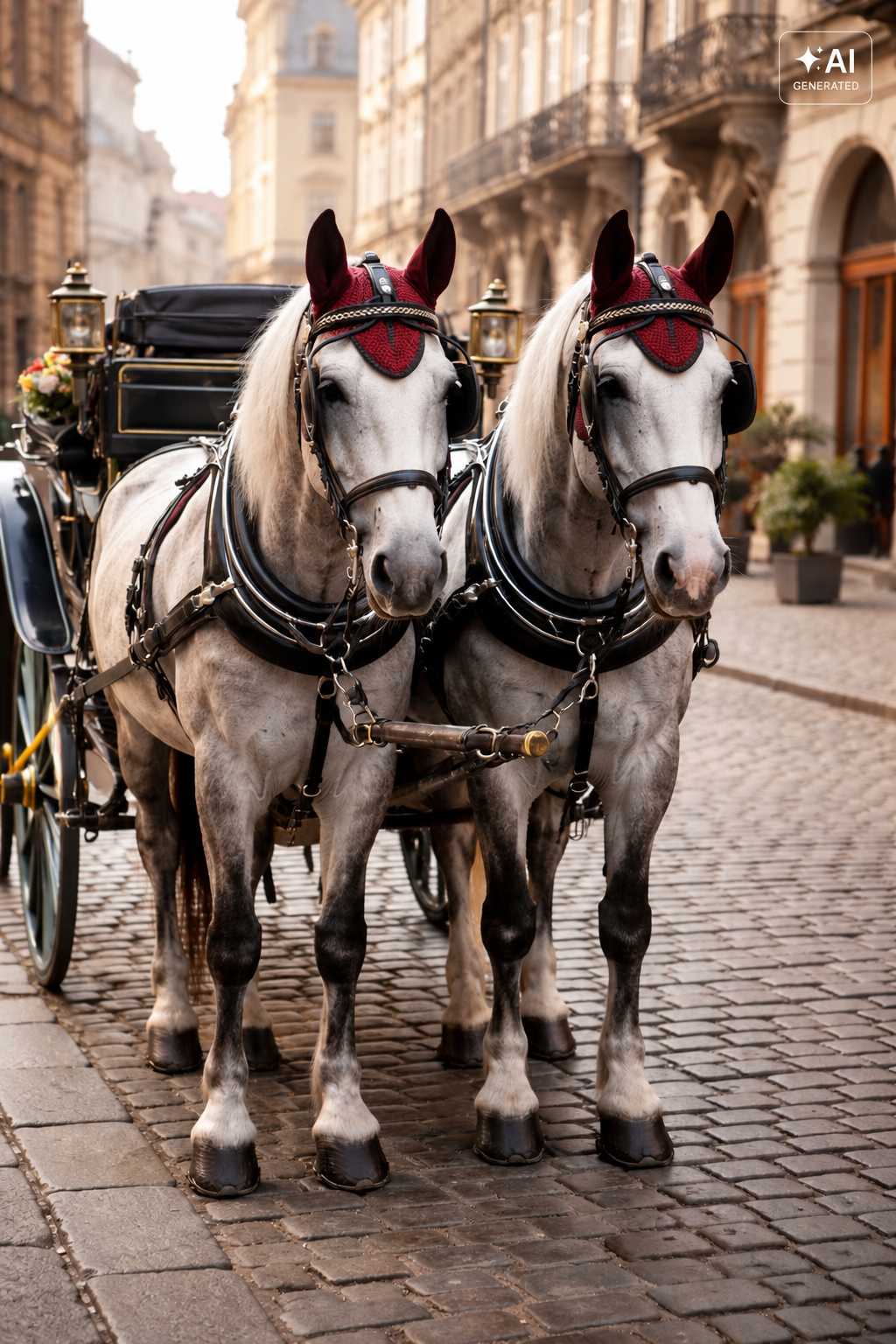 Zwei graue Kutschpferde mit langen hellen Mähnen und schwarzem Fahrgeschirr ziehen eine Kutsche über eine gepflasterte Straße in einer historischen Altstadt.