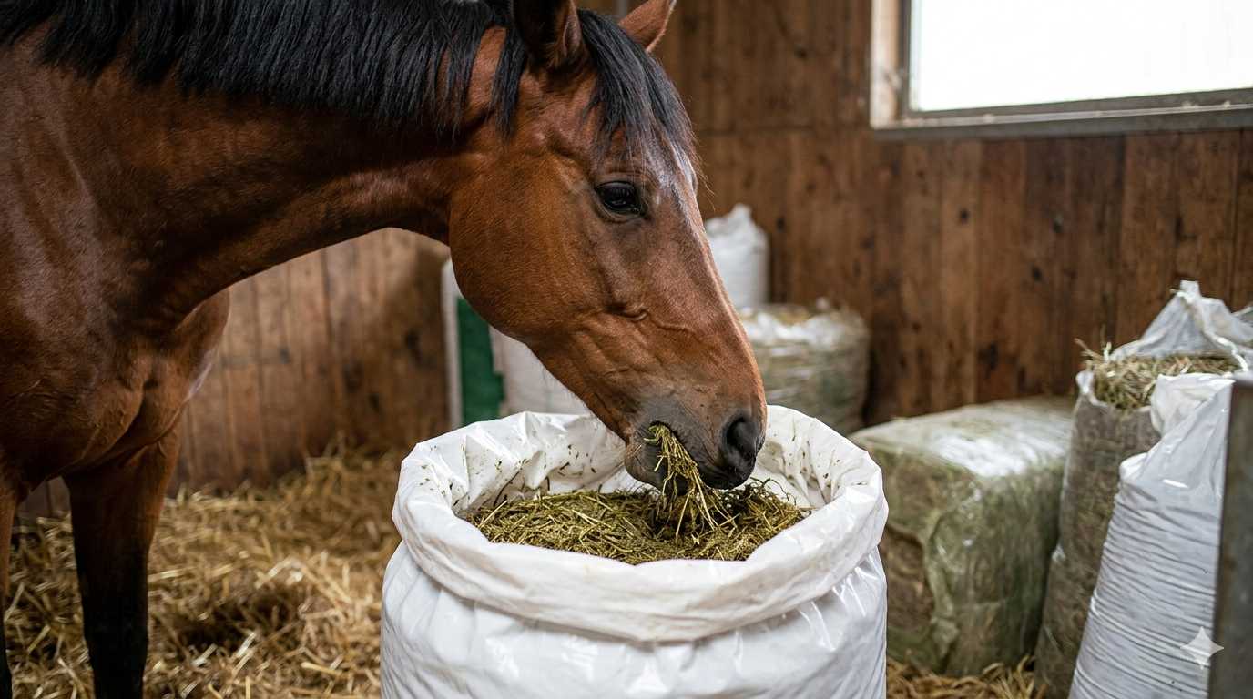 Braunes Pferd frisst Heu aus einem Futtersack im Stall, im Hintergrund sind weitere Säcke mit Futter zu sehen