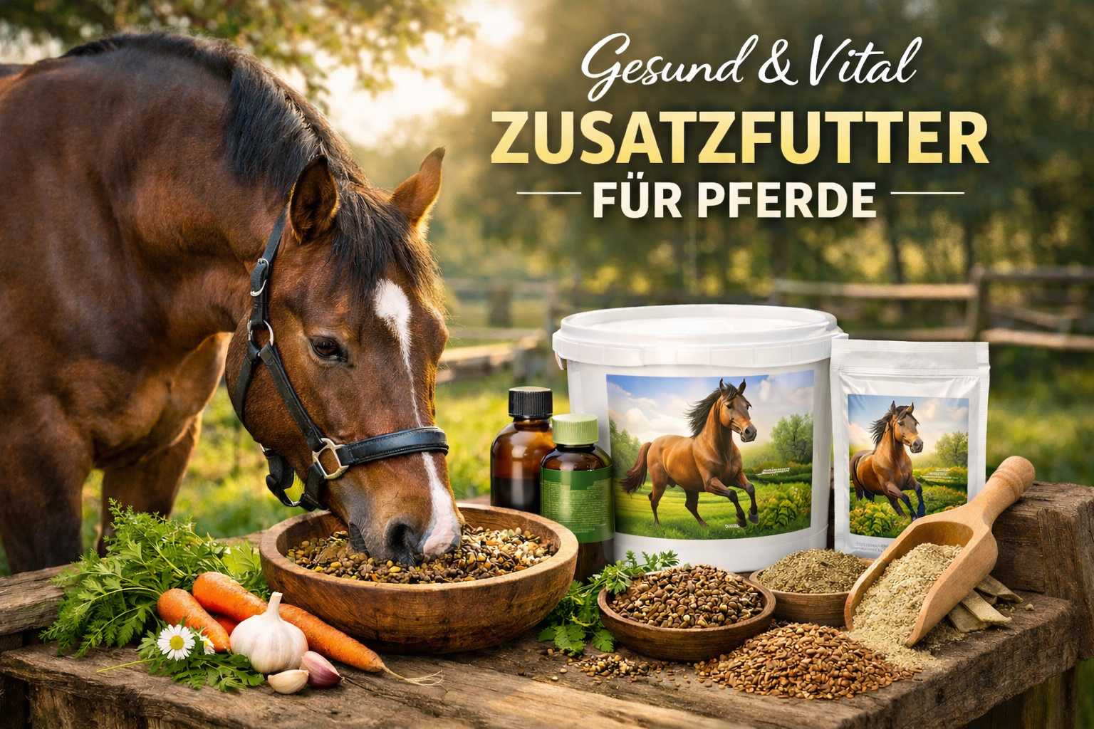 Braunes Pferd frisst Zusatzfutter aus einer Schale neben verschiedenen Ergänzungsfuttern, Kräutern und Mineralstoffen auf einer Weide
