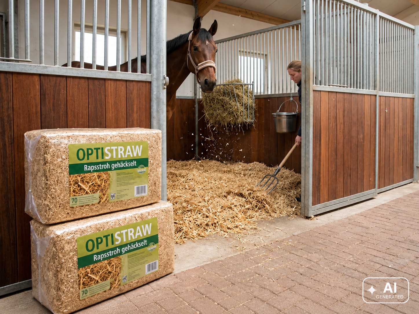 Pferd steht in einer Stallbox mit Stroheinstreu und frisst Heu aus einem Netz. Eine Person verteilt Einstreu mit einer Mistgabel. Vor der Box stehen zwei OPTISTRAW-Einstreuballen.