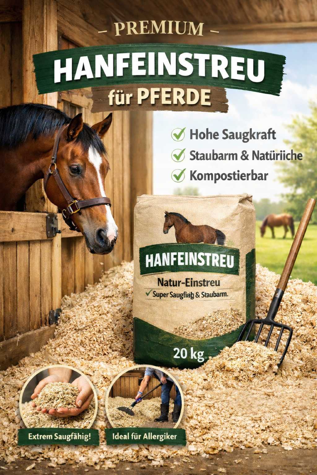 Hanfeinstreu Natur-Einstreu für Pferde mit hoher Saugkraft, staubarm und kompostierbar