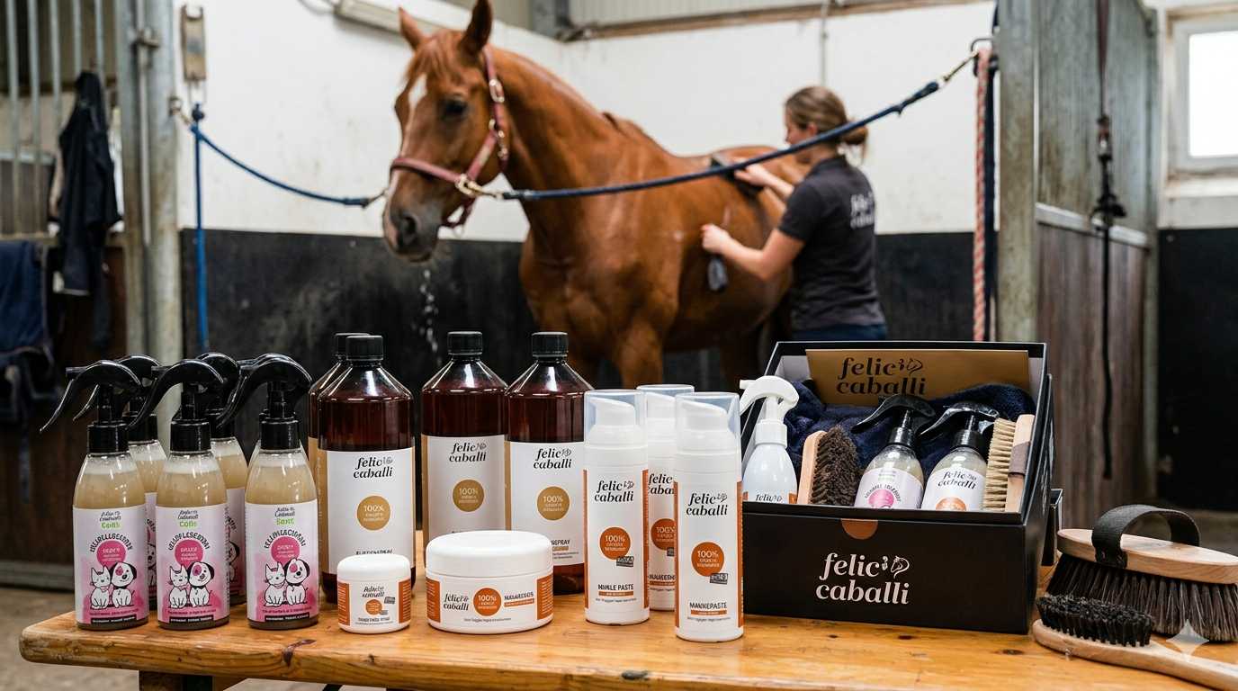 Pferd wird im Stall gepflegt, davor stehen Pflegeprodukte wie Shampoo, Bürsten und Pflegemittel