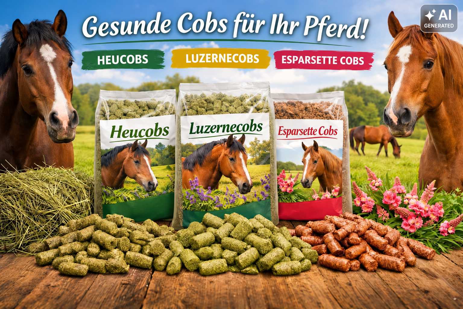 Zwei braune Pferde neben Futtersäcken mit Heucobs, Luzernecobs und Esparsettecobs. Im Vordergrund liegen verschiedene Cobs-Sorten, Heu und Blüten auf einem Holztisch