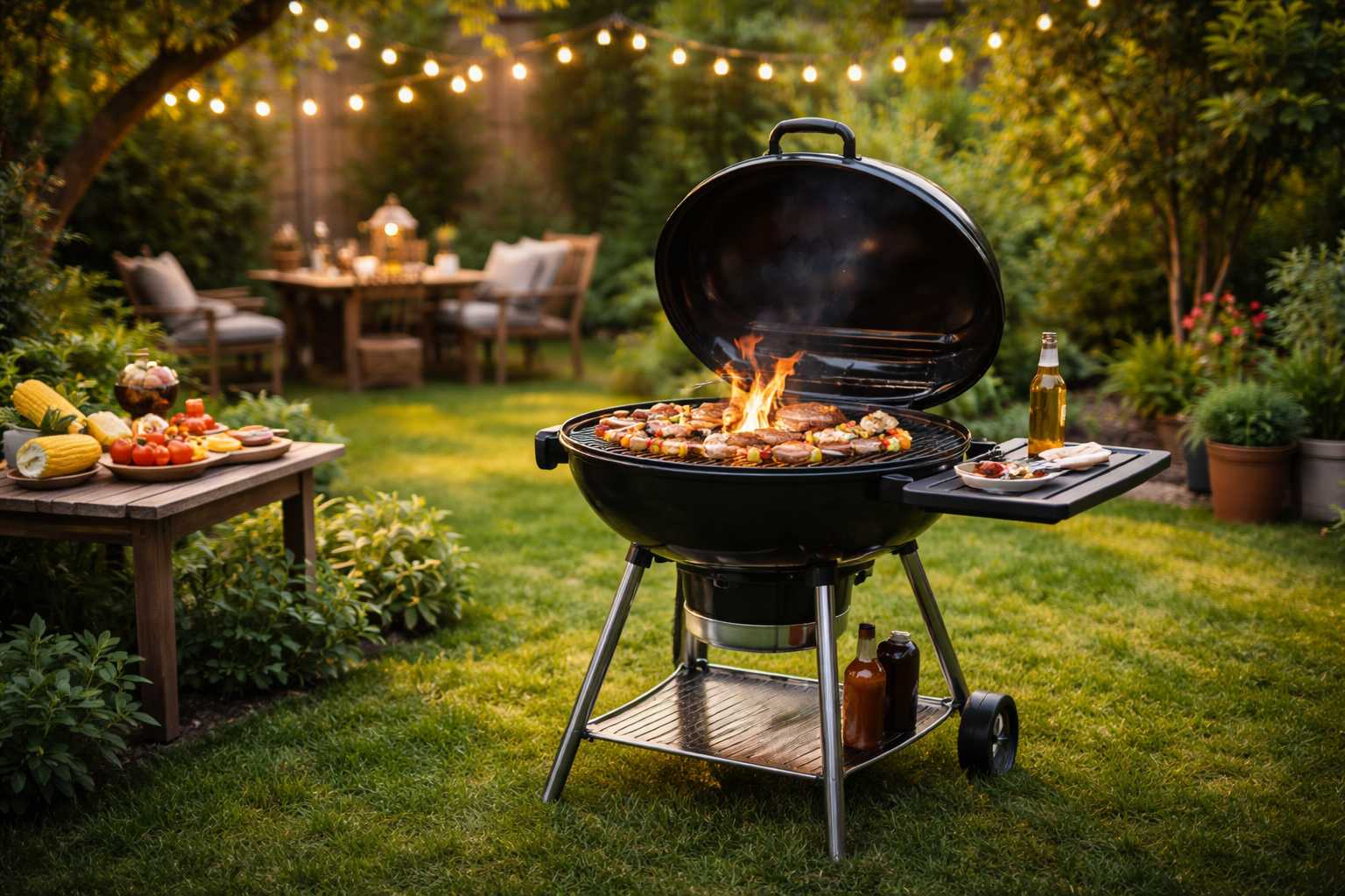 Holzkohlegrill mit Grillgut im Garten bei Abendstimmung mit Lichterkette und gedecktem Tisch