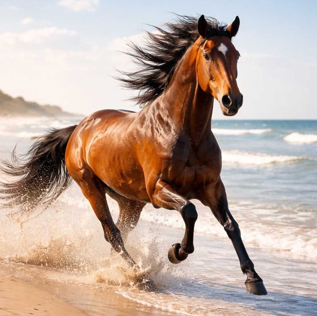 Braunes Pferd galoppiert dynamisch am Meeresstrand entlang, Wasser spritzt unter den Hufen, sonniger Himmel im Hintergrund