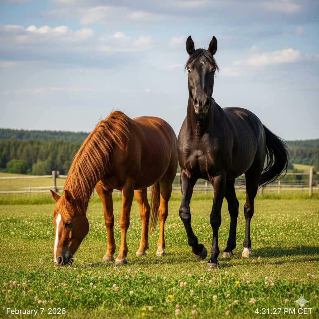 Braunes und schwarzes Pferd stehen auf einer grünen Weide; das braune Pferd grast, während das schwarze aufmerksam nach vorne blickt, im Hintergrund sind Hügel und ein Zaun zu sehen.
