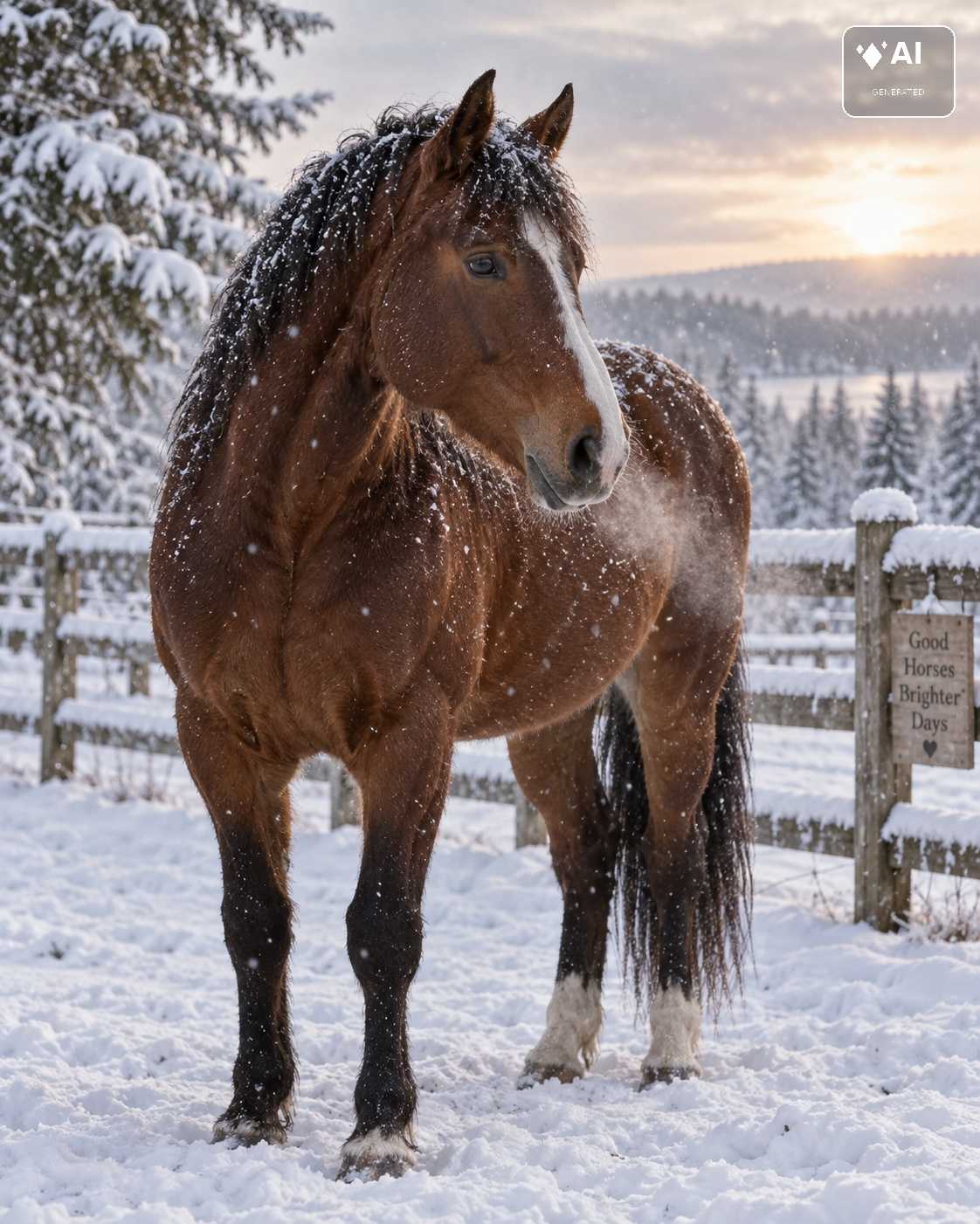 Braunes Pferd steht im Schnee vor einer winterlichen Waldlandschaft