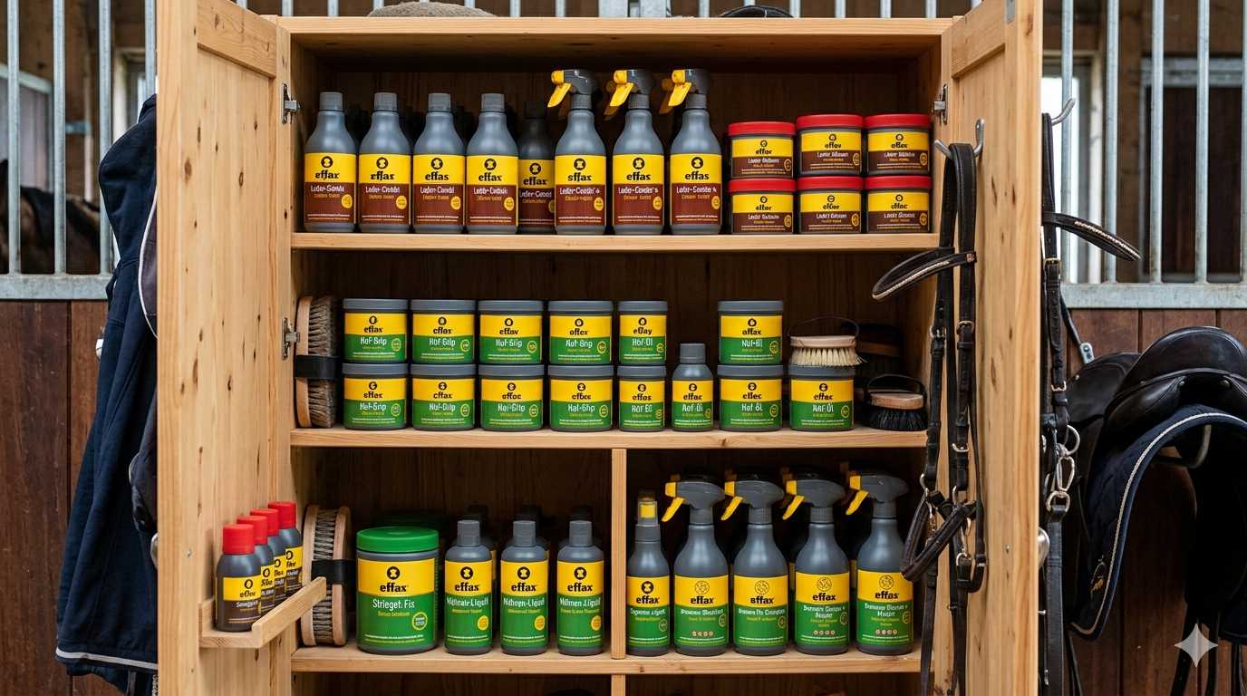 Offener Holzschrank im Stall mit Effax Lederpflege-Produkten, Bürsten und Reitzubehör neben Sattel