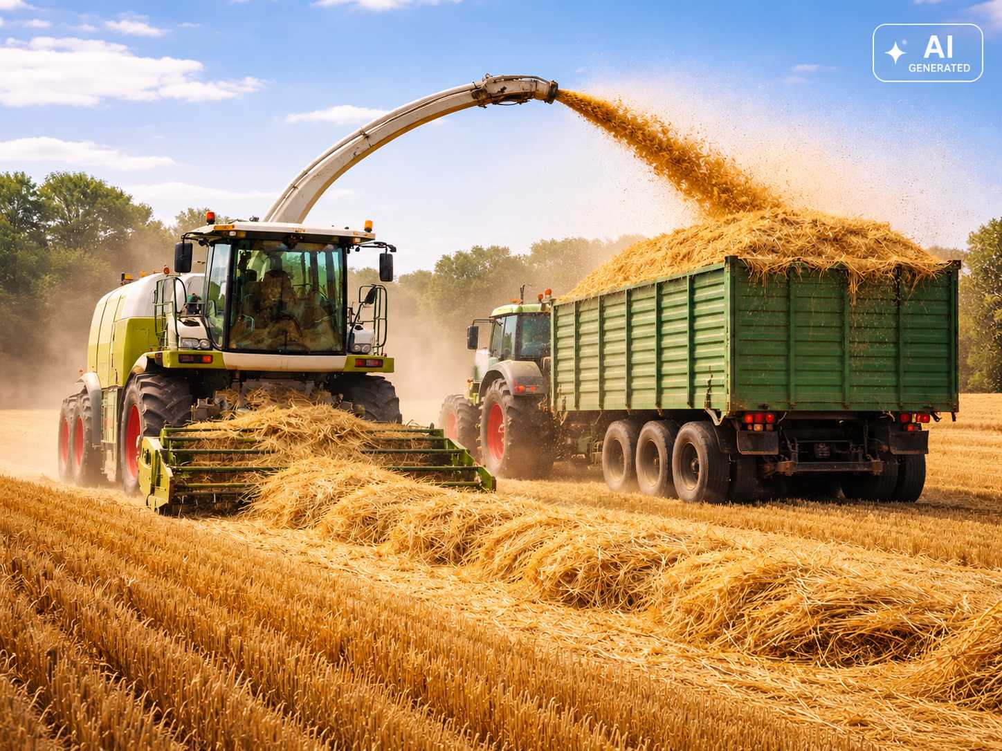 Landwirtschaftliche Erntemaschine nimmt Strohschwaden auf einem abgeernteten Feld auf und befördert das gehäckselte Stroh über ein Auswurfrohr in einen grünen Anhänger.