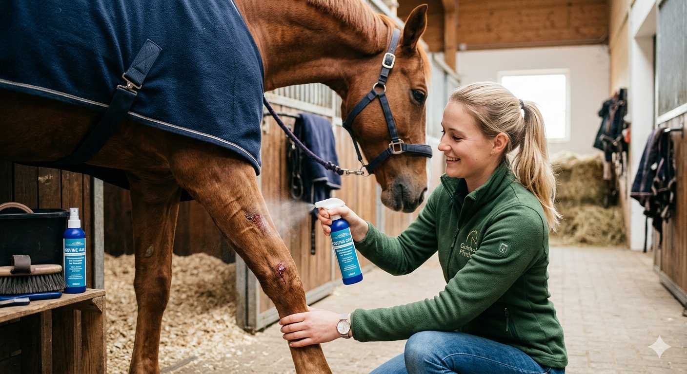 Frau behandelt eine Wunde am Bein eines Pferdes mit Desinfektionsspray im Pferdestall