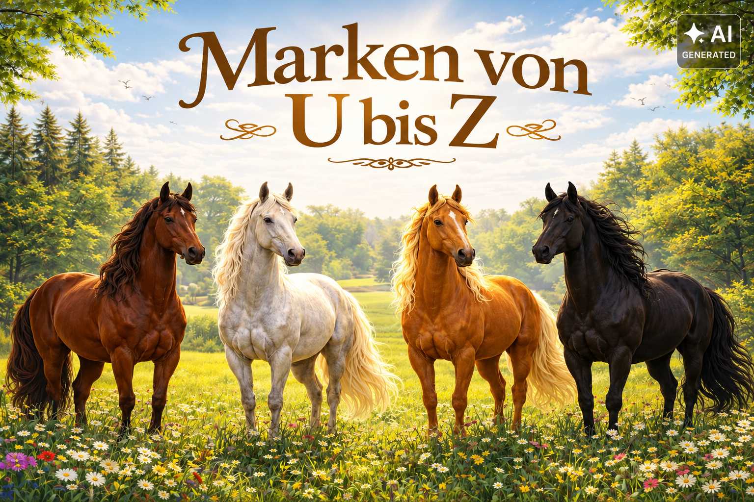 Vier Pferde mit braunem, weißem, goldbraunem und schwarzem Fell stehen auf einer grünen Blumenwiese. Darüber steht der Schriftzug „Marken von U bis Z“.