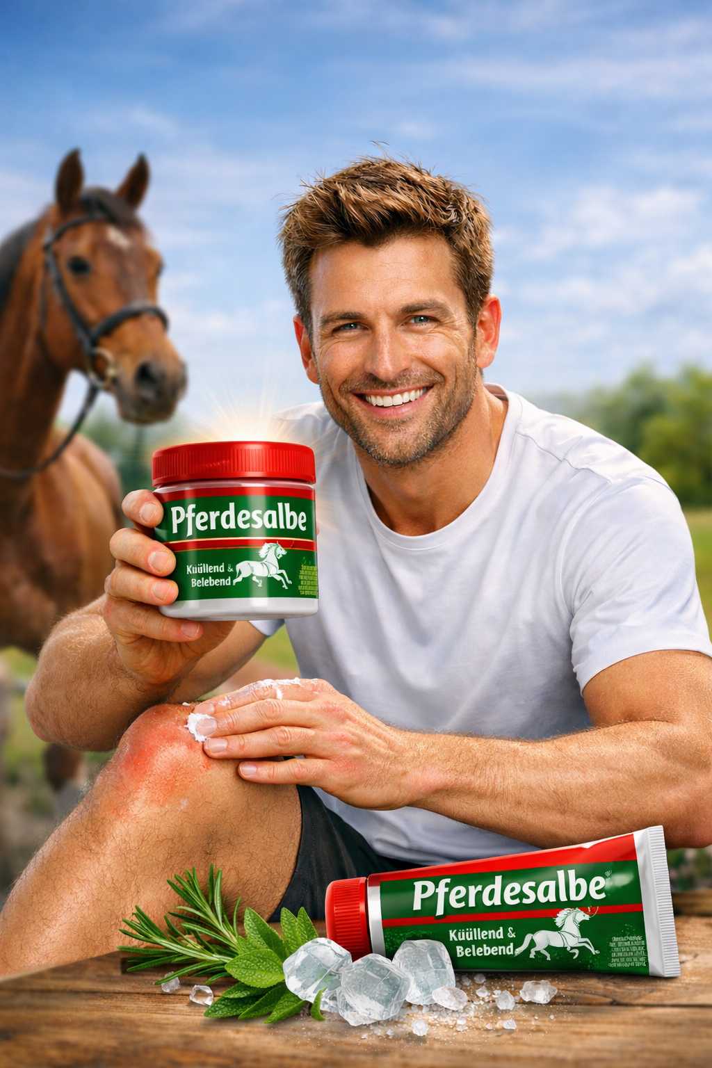 Mann trägt Pferdesalbe auf sein Knie auf während ein Pferd im Hintergrund steht