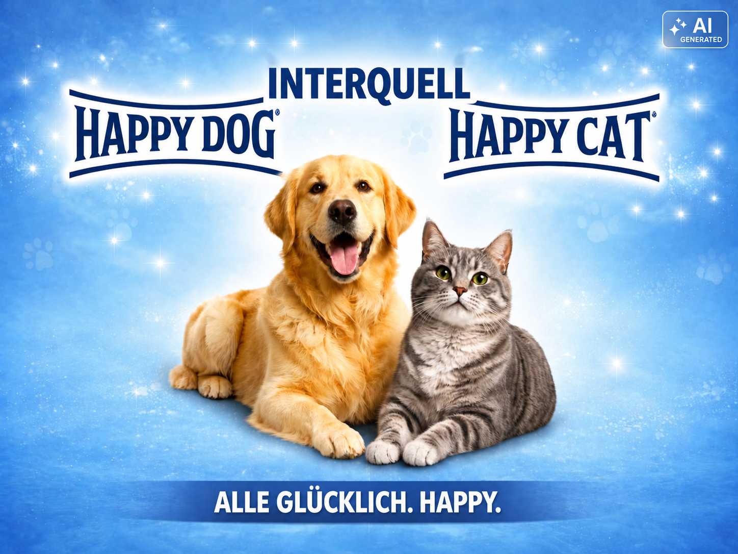 Golden Retriever und grau getigerte Katze liegen nebeneinander vor einem blauen Hintergrund mit Lichteffekten. Darüber sind die Schriftzüge „Interquell“, „Happy Dog“ und „Happy Cat“ zu sehen.