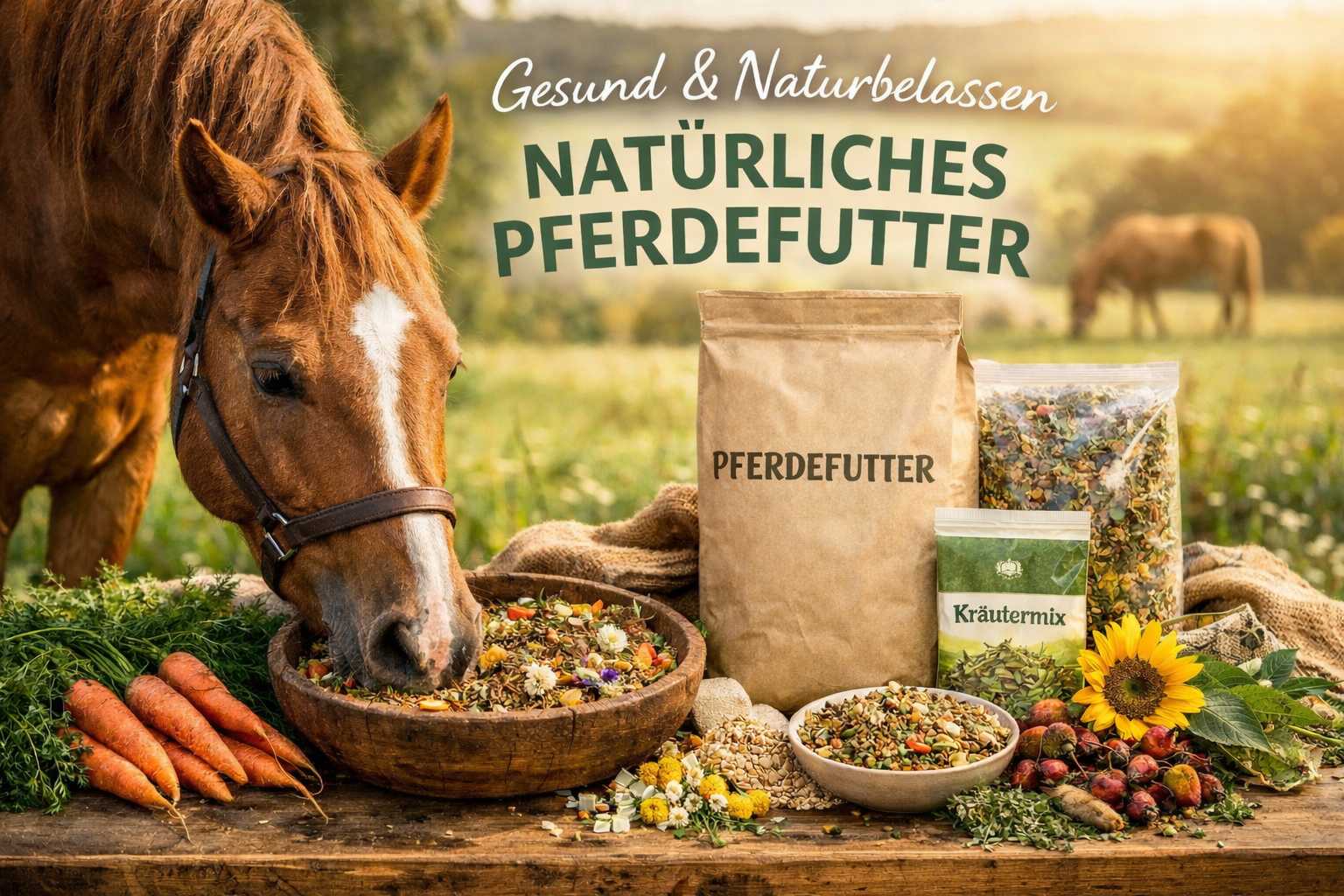 Pferd frisst natürliches Pferdefutter mit Kräutern, Gemüse und Kräutermix auf einem Tisch vor einer Weide