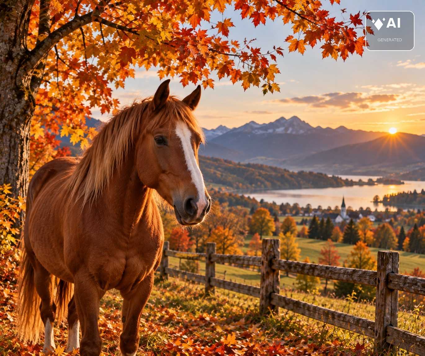 Braunes Pferd unter buntem Herbstlaub mit See, Bergen und Sonnenuntergang im Hintergrund