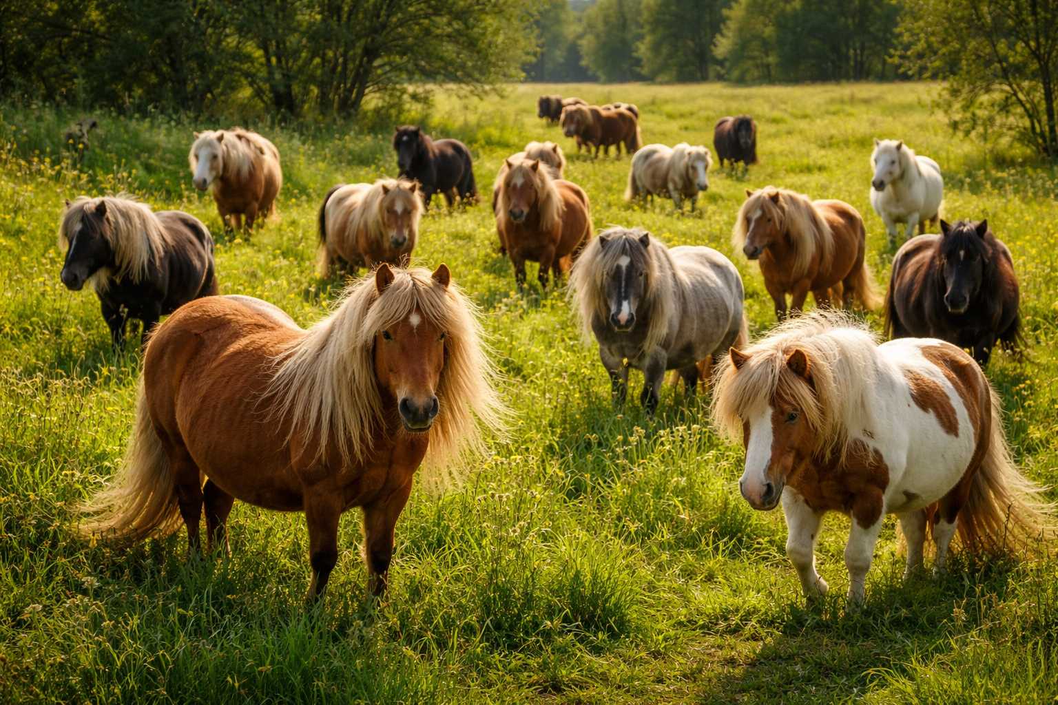 Mehrere Ponys verschiedener Farben stehen gemeinsam auf einer saftigen Wiese in natürlicher Landschaft