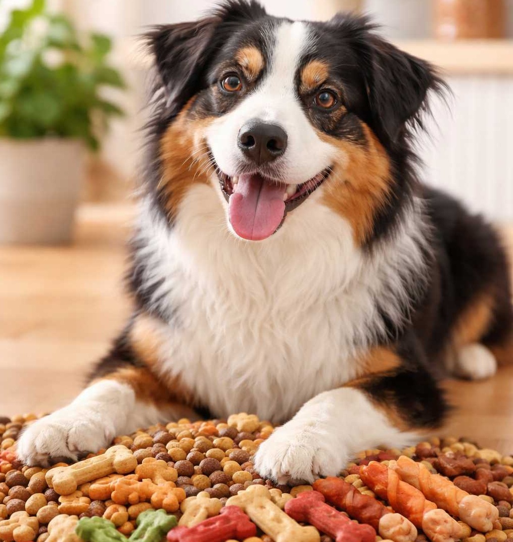 Hund liegt auf dem Boden vor einer Mischung aus Trockenfutter und bunten Hundeleckerlis in Knochenform