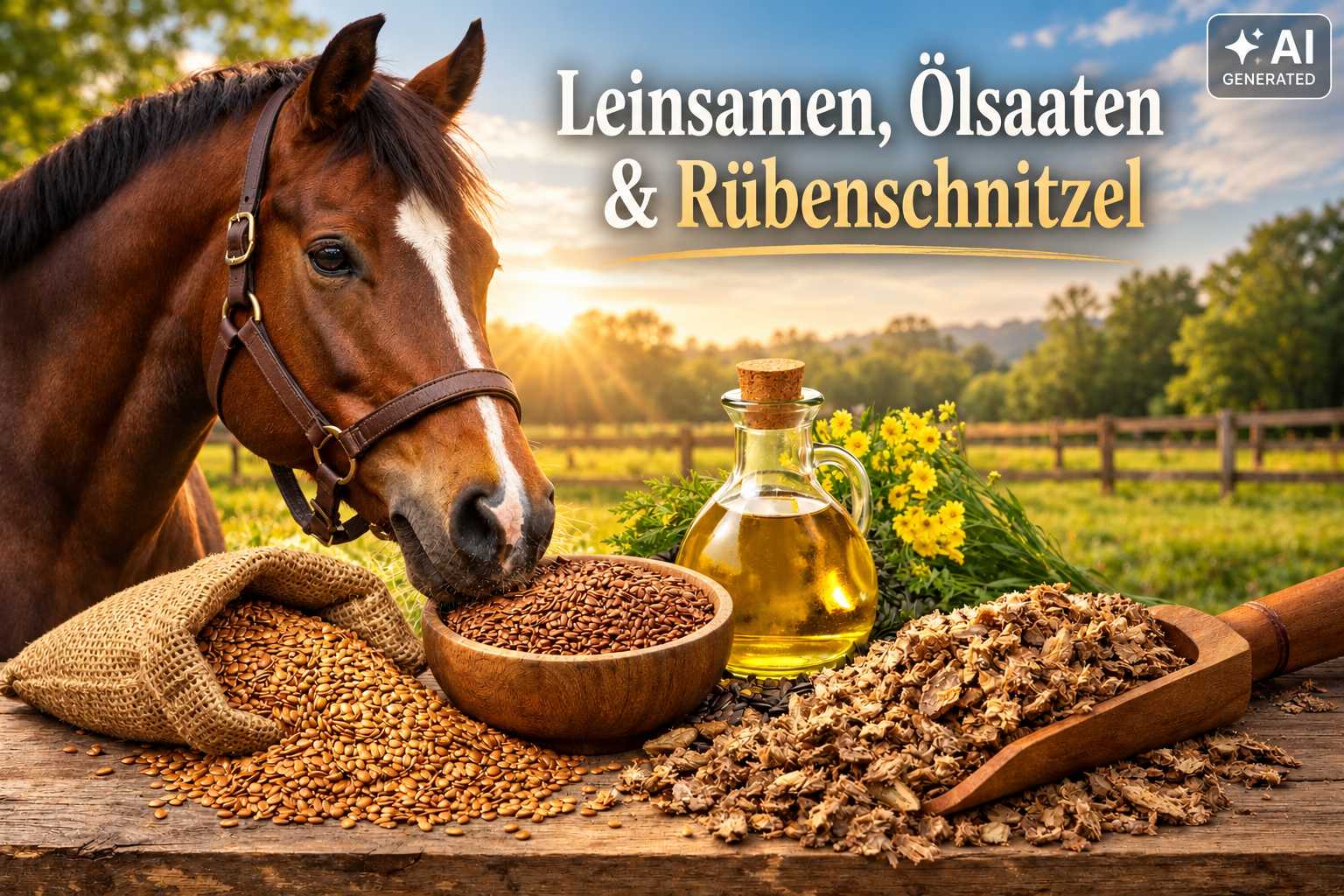 Braunes Pferd neben einer Holzschale mit Leinsamen, einem Jutesack mit Ölsaaten, einer Flasche Pflanzenöl und einer Futterschaufel mit Rübenschnitzeln.