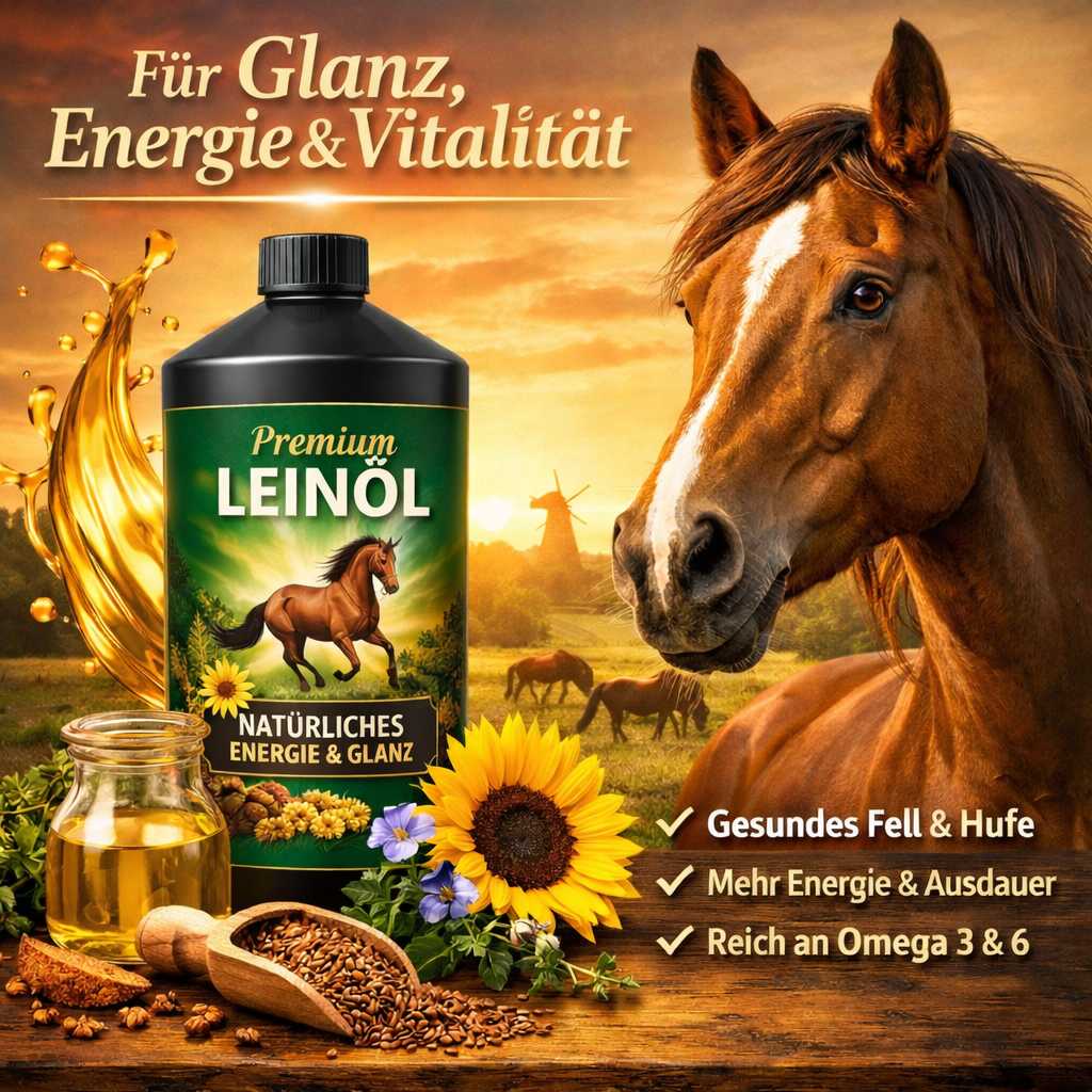 Werbebild für Premium Leinöl als Futterergänzung für Pferde mit Flasche, Leinsamen, Sonnenblume und Pferd im Hintergrund