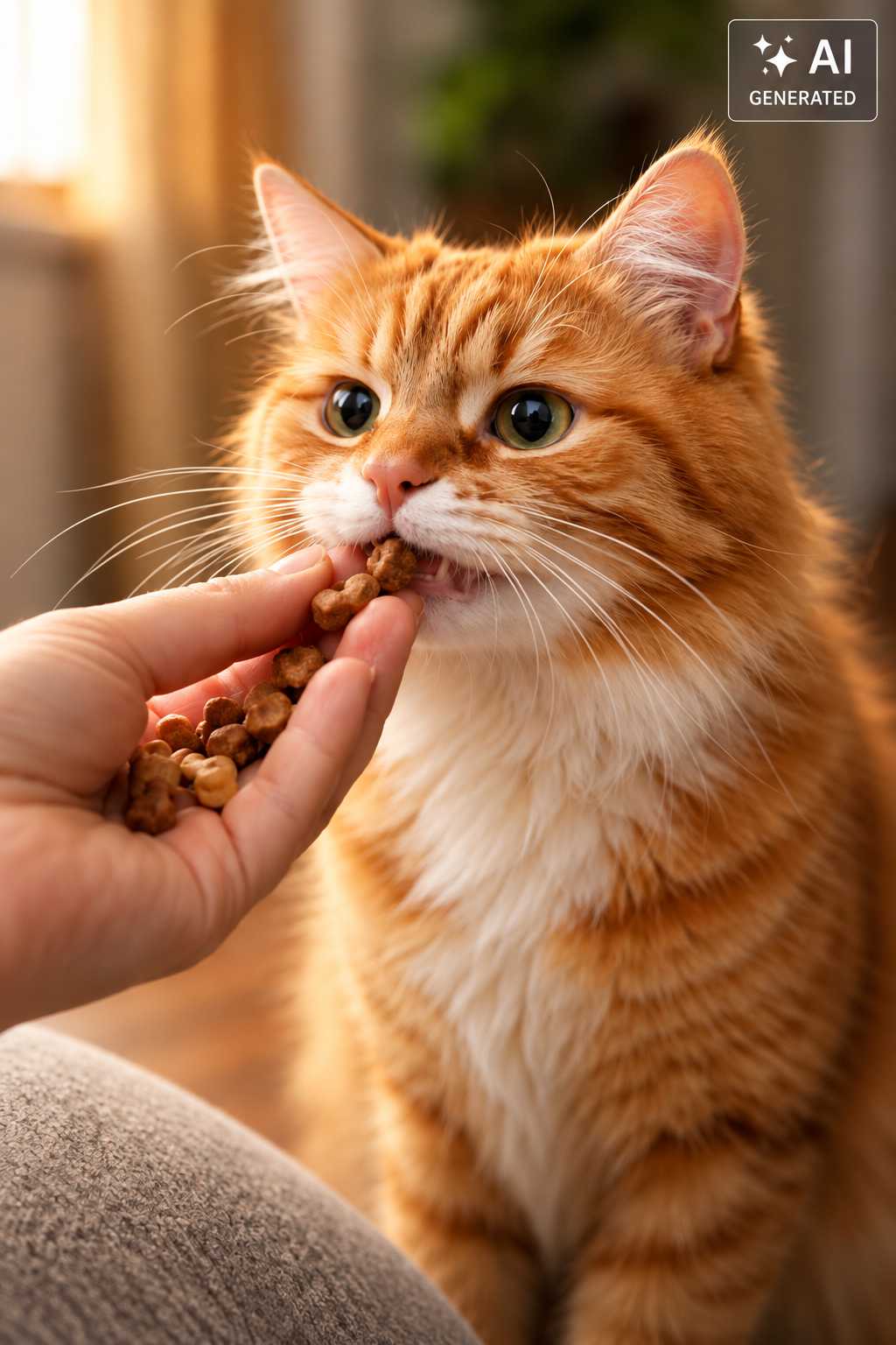 Rote Katze frisst Trockenfutter aus einer Hand
