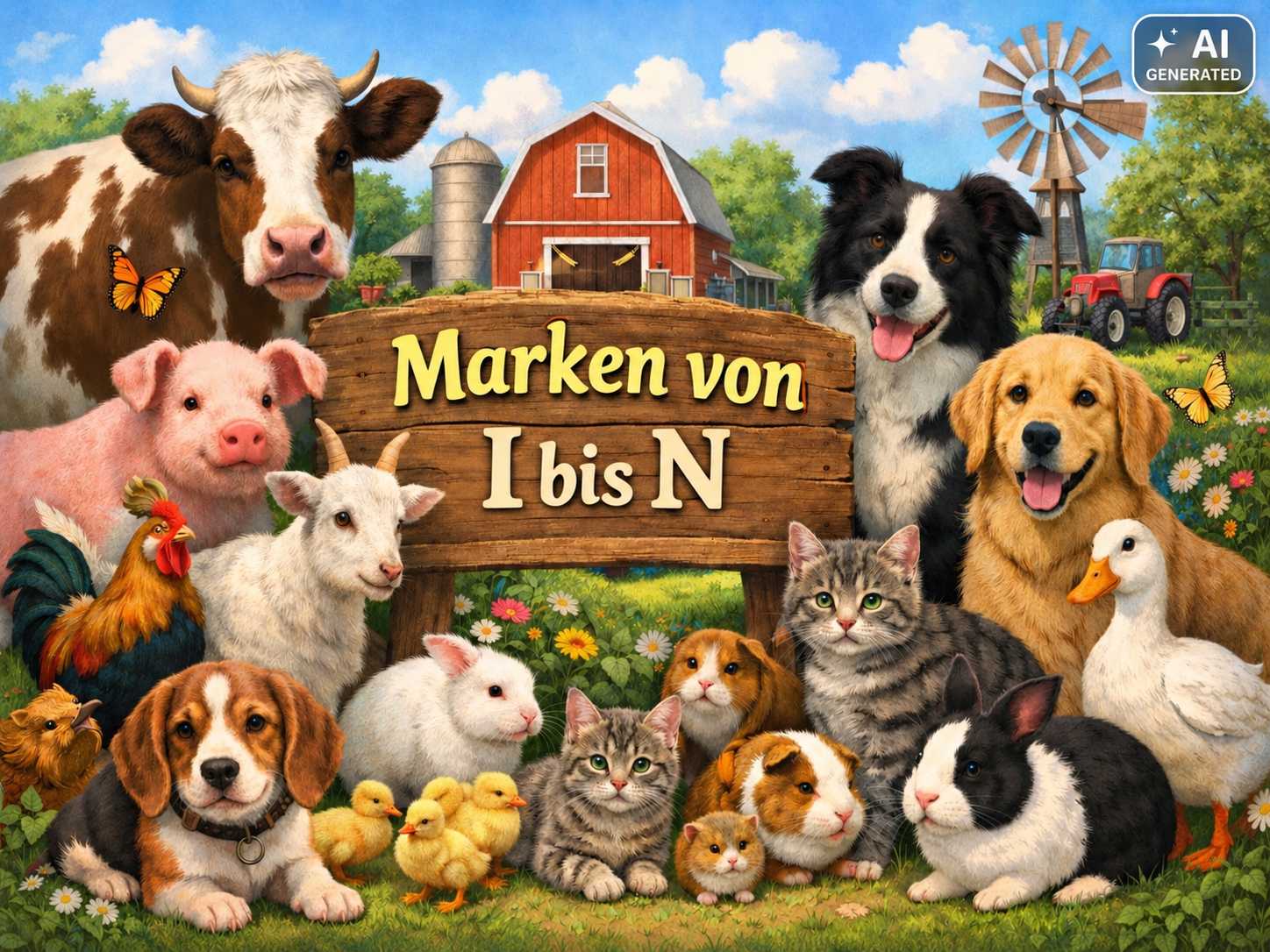 Illustrierte Bauernhofszene mit Kuh, Schwein, Schaf, Hunden, Katzen, Kaninchen, Meerschweinchen und Geflügel. In der Mitte steht ein Holzschild mit der Aufschrift „Marken von I bis N“.