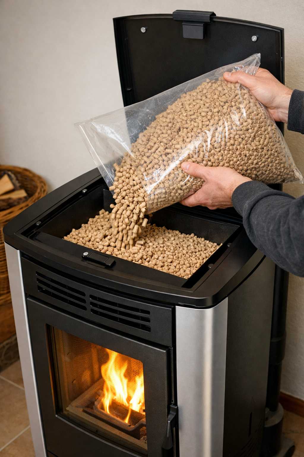 Person füllt Holzpellets aus einem Beutel in den Vorratsbehälter eines Pelletofens mit sichtbarer Flamme