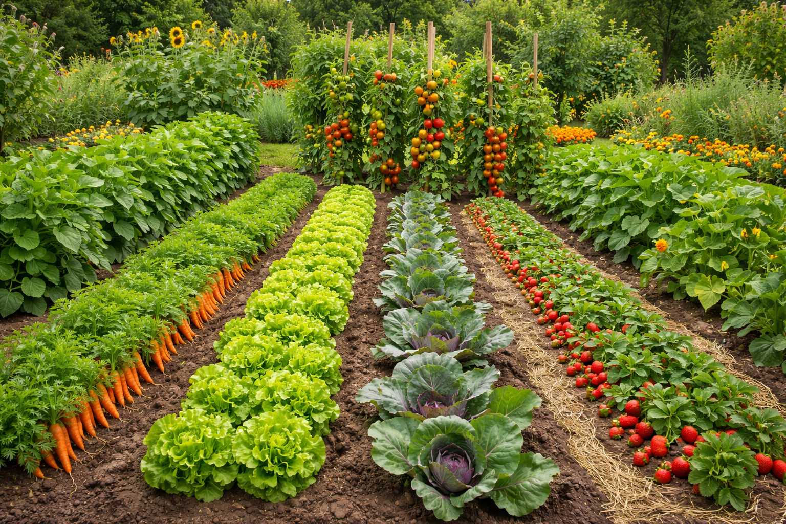 Strukturierter Gemüsegarten mit Reihen aus Salat, Karotten, Kohl, Erdbeeren und Tomatenpflanzen an Stäben, umgeben von blühenden Pflanzen