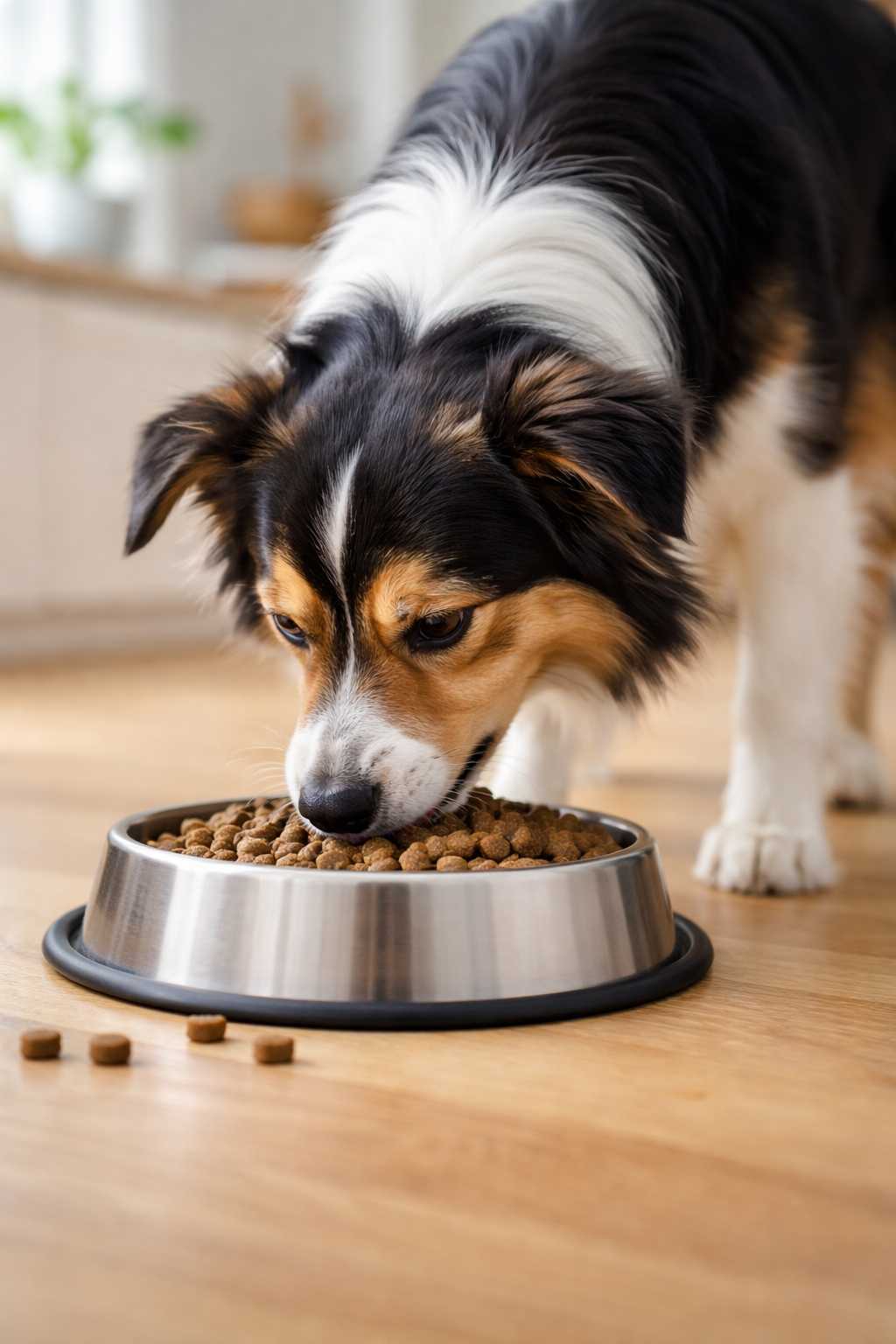 Hund frisst Trockenfutter aus einem Edelstahlnapf auf einem Holzboden
