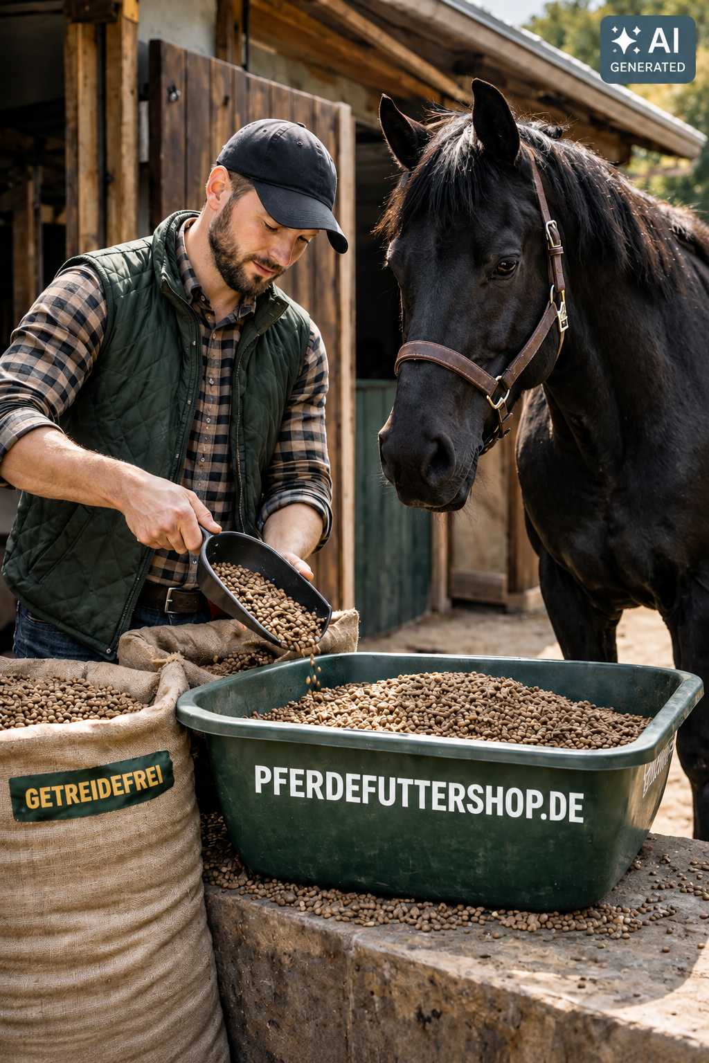 Mann füllt getreidefreie Futterpellets mit einer Schaufel in eine grüne Futterschale. Neben ihm steht ein schwarzes Pferd am Stall. Im Vordergrund liegt ein Jutesack mit Pellets.