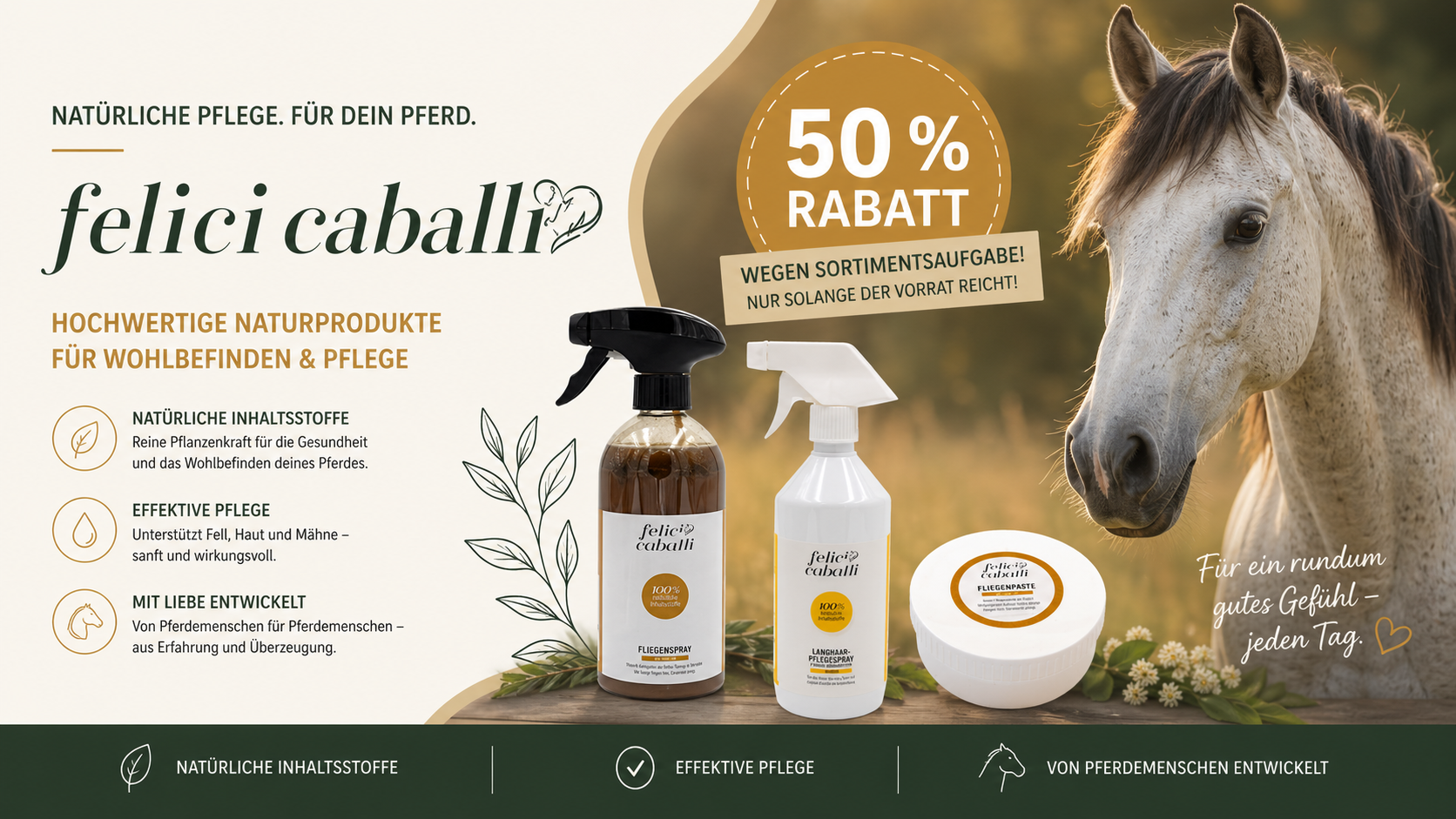 Felici Caballi Pflegeprodukte für Pferde – Fliegenspray, Fellpflege und Paste stark reduziert