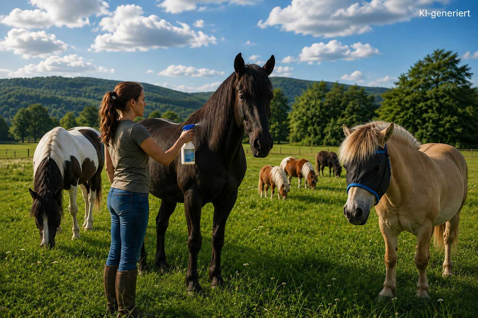 Frau pflegt ein schwarzes Pferd auf einer grünen Weide
