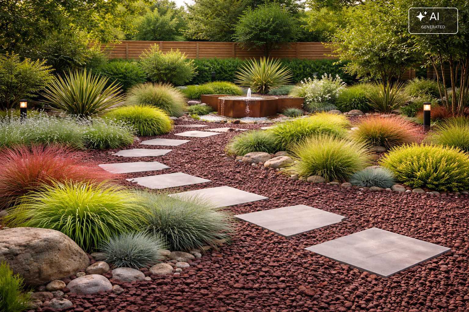 Gartengestaltung mit rotem Lavakies, Gräsern, Trittsteinen und Wasserspiel