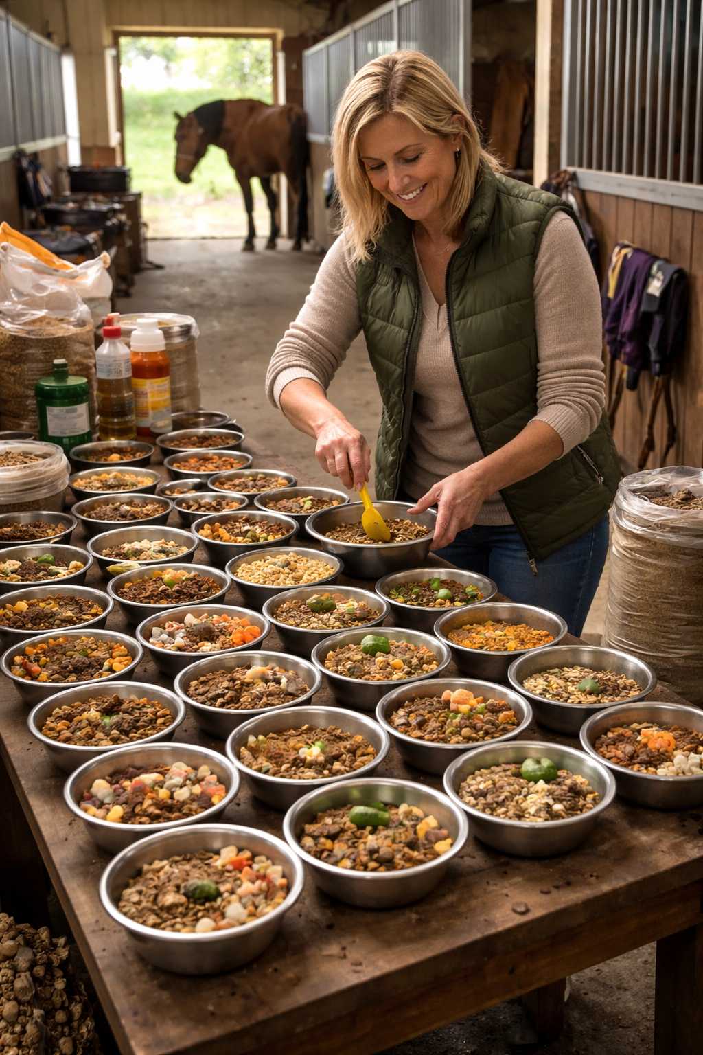 Frau bereitet mehrere Schüsseln mit individuell zusammengestelltem Pferdefutter im Stall vor