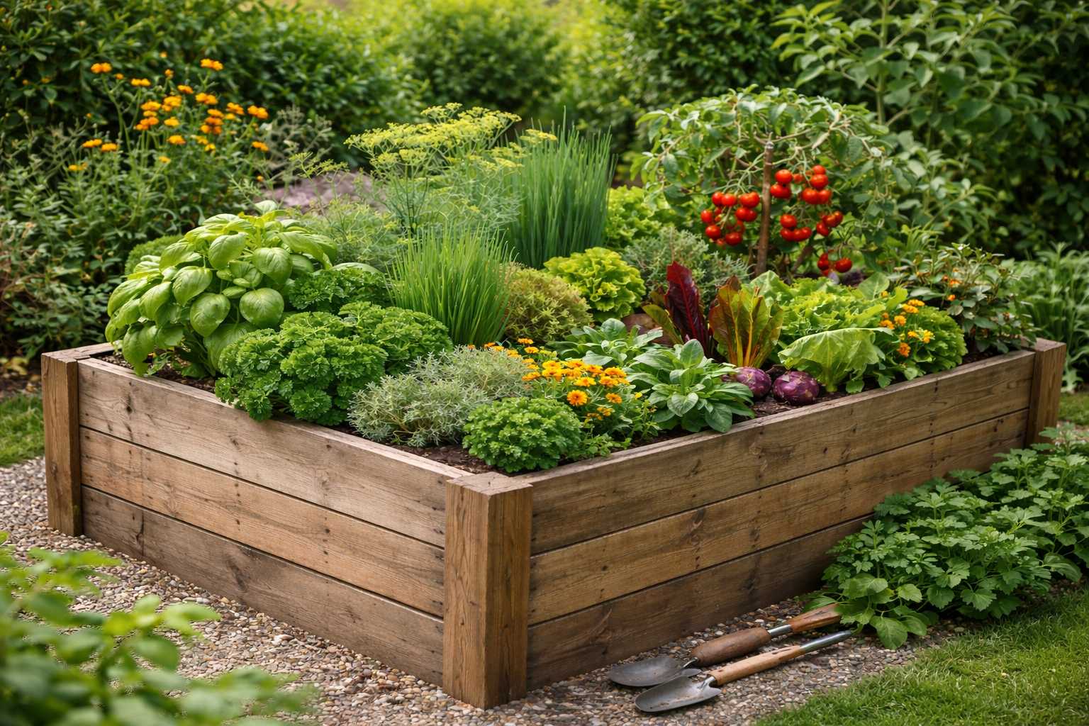 Holz-Hochbeet mit verschiedenen Kräutern, Salat, Tomaten und Gemüsepflanzen in einem gepflegten Garten