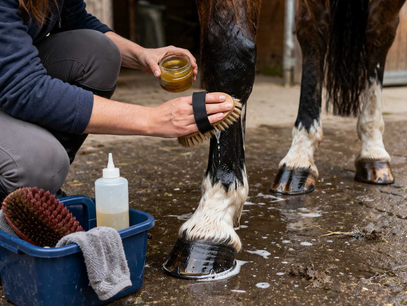 Person reinigt und pflegt den Pferdehuf mit Bürste und Öl, während Pflegeutensilien daneben stehen